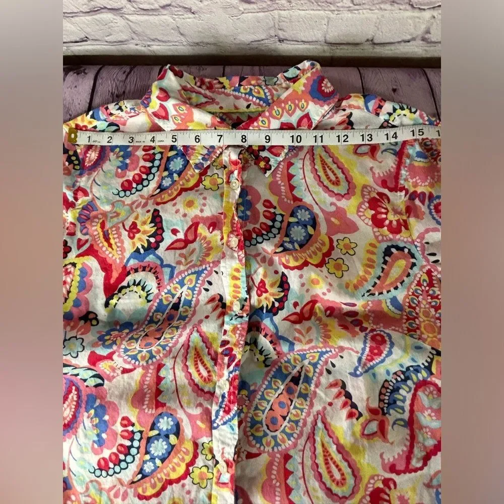 Talbots Button Up Bright Pink Paisley Preppy Coastal Beach Roll Tab Sleeve Large